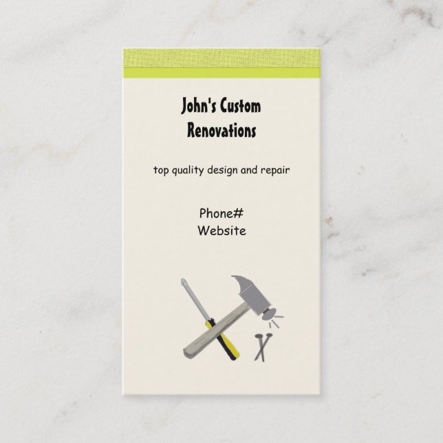 Carte De Visite Rénovations et outils de construction sur mesure (Devant)