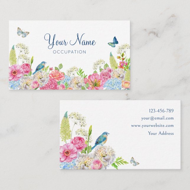 Carte De Visite Ressort rose vert bleu fleuri (Devant / Derrière)