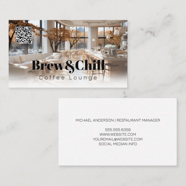 Carte De Visite Restaurant moderne | Bar café | Code QR (Devant / Derrière)