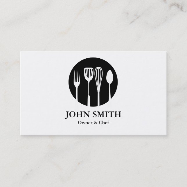 Carte De Visite Restaurant moderne blanc et noir Chef (Devant)