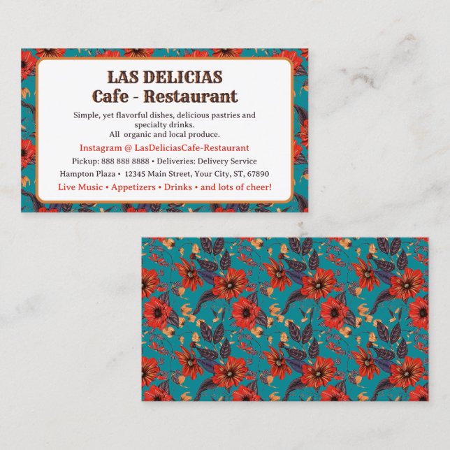 Carte De Visite Restaurant turquoise et Red Floral Pattern Café Re (Devant / Derrière)