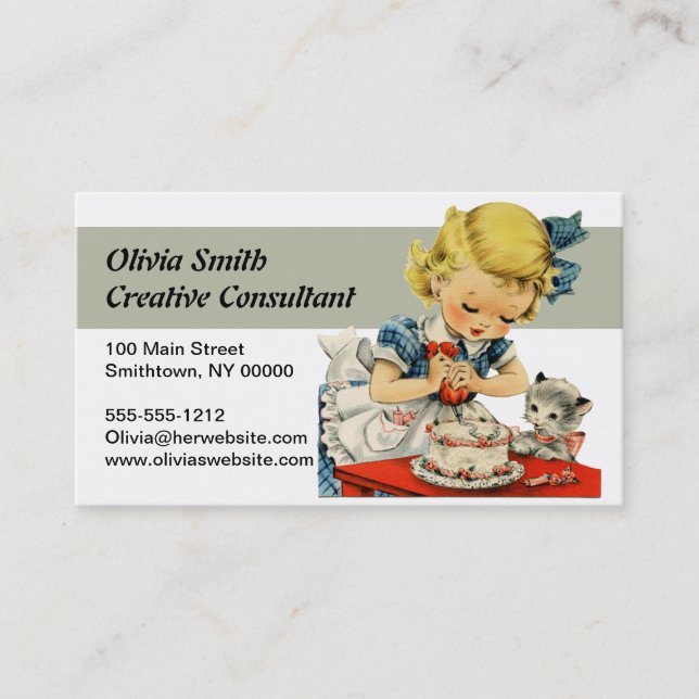 Carte De Visite Rétro Anniversaire Fille Cake Cat Enfants Artwork (Devant)
