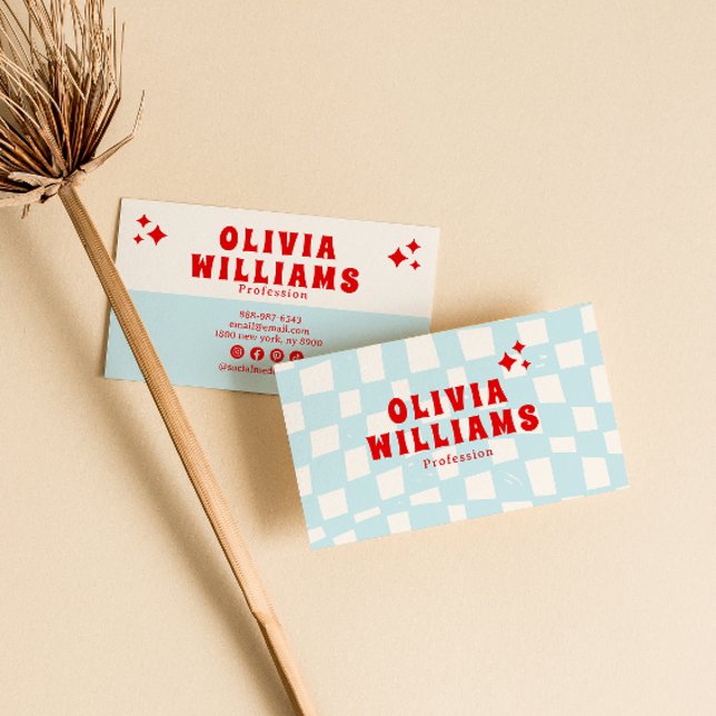 Carte De Visite Retro Blue Bold Super À damiers tendance Funky Fun (Créateur téléchargé)