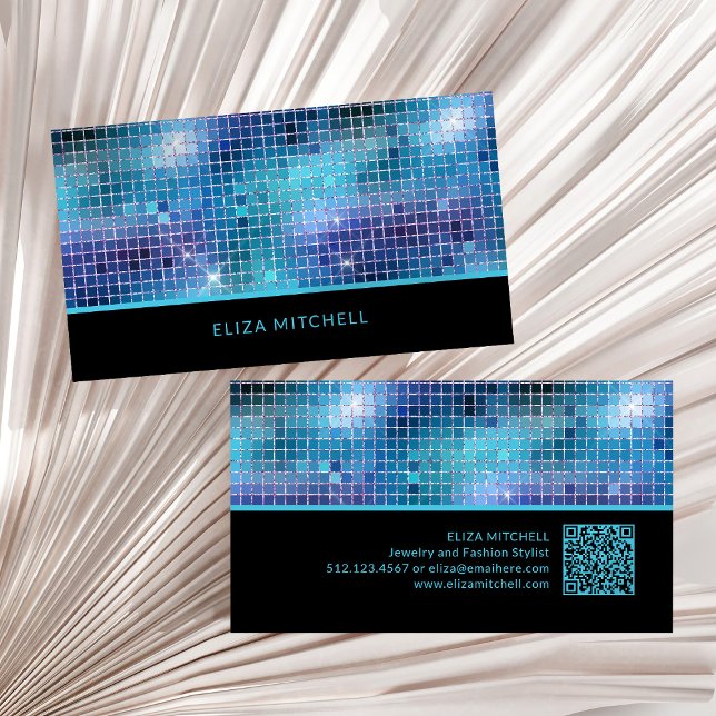 Carte De Visite Rétro Blue Disco Ball Mirror | Code QR (A glam, disco ball inspired business card with bright blue, turquoise and black and a QR code)
