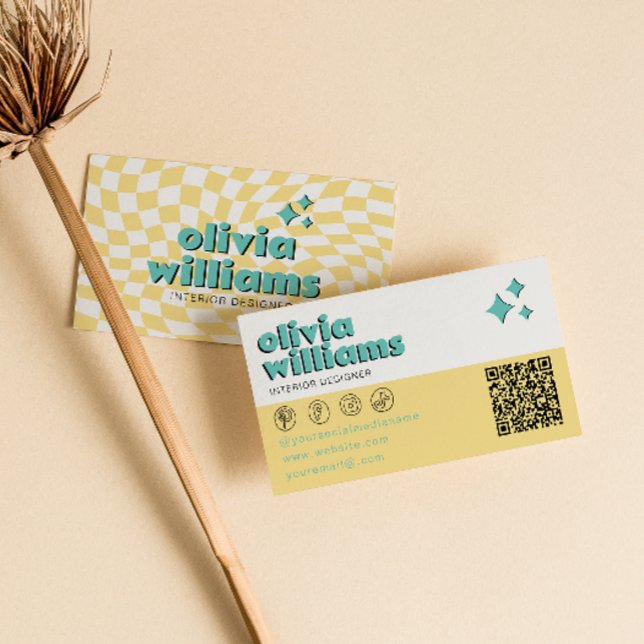 Carte De Visite Retro Bold QR  Code Boho Groovy Checkered Unique (Créateur téléchargé)
