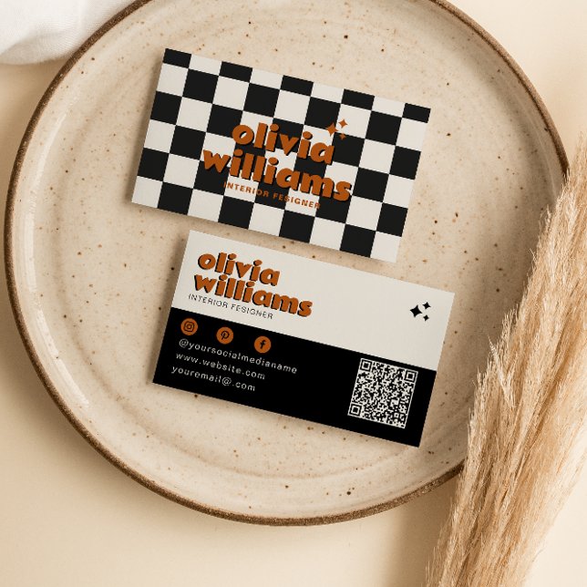 Carte De Visite Retro Bold QR Code Boho Super À damiers Funky (Créateur téléchargé)