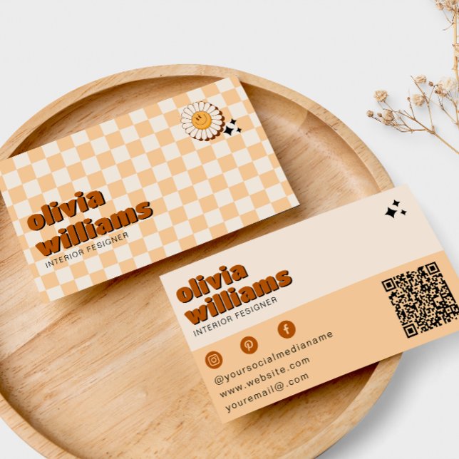 Carte De Visite Retro Bold QR Code Boho Super Fleur souriante (Créateur téléchargé)