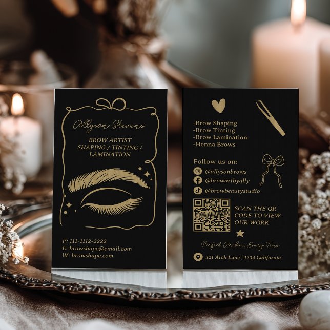 Carte De Visite Retro gold black Doodles Brow Artist QR Code (Retro gold black Doodles Brow Artist QR Code Business Card)