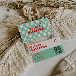 Carte De Visite Retro Green Bold Super À damiers Funky QR Code