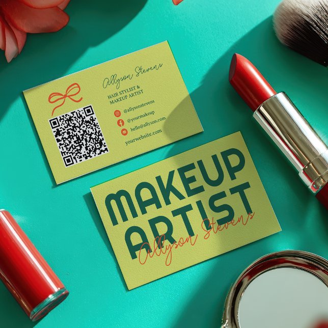 Carte De Visite Retro Green Citrus Makeup Artist QR Code (Retro Green Citrus Makeup Artist QR Code Business Card)