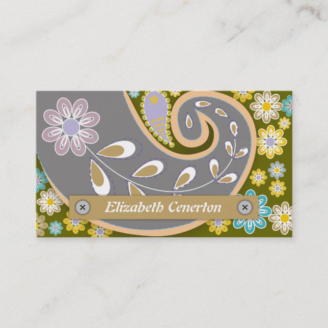 Carte De Visite Retro gris, olives vert paisley motif floral (Devant)