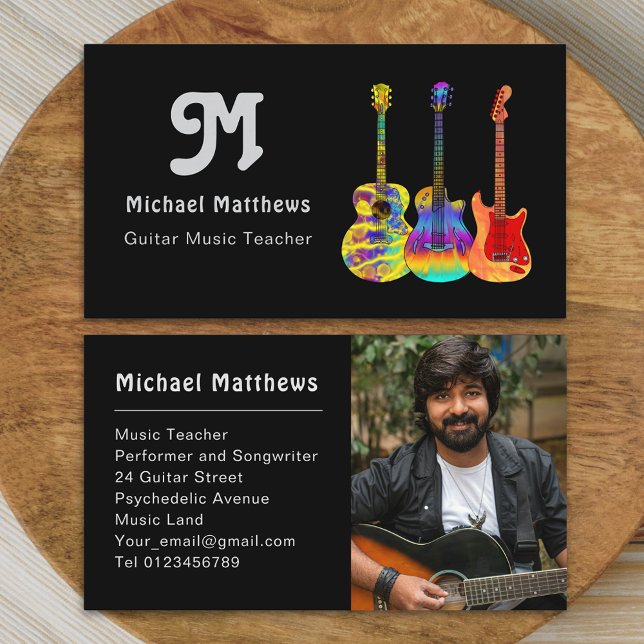 Carte De Visite Retro Guitar Music Enseignant Photo personnalisée (Modern retro guitar music teacher professional musician photo business card)