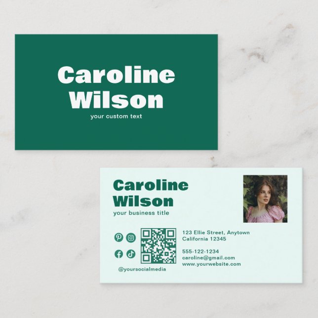 Carte De Visite Retro moderne Emerald Professional Photo Code QR (Devant / Derrière)