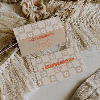 Carte De Visite Retro Orange Beige Checkered Groovy Floral Boho 