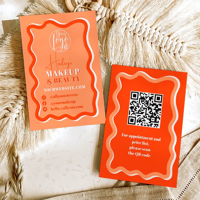 Carte De Visite Retro orange courbe squiggle ondulé beauté (Retro orange curve squiggle wavy makeup beauty business card)