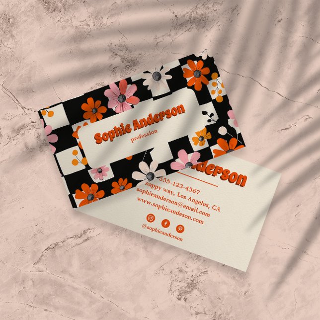 Carte De Visite Retro Orange Floral Checkered Business Card (Créateur téléchargé)