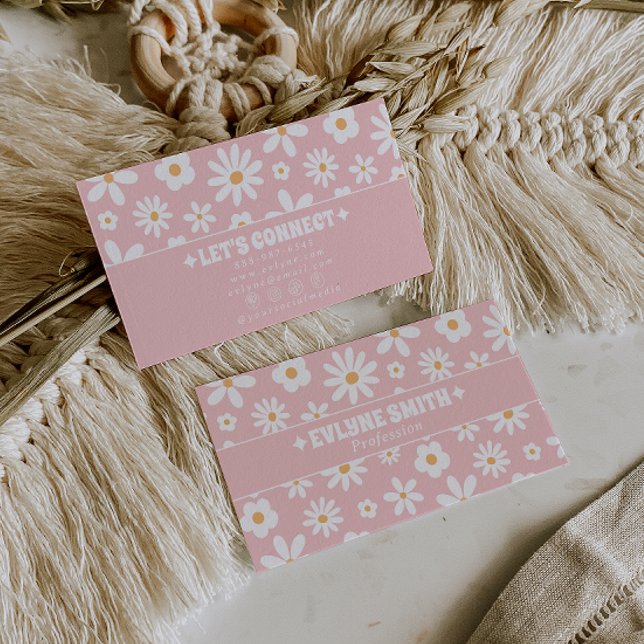 Carte De Visite Retro Pink Groovy Floral Boho Girly Unique 70s  (Créateur téléchargé)