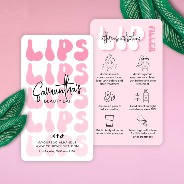 Carte De Visite Retro Pink Logo Lip Filler Instructions (Trendy lip filler aftercare cards featuring pink hues, retro fonts and lips care icons)