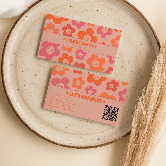 Carte De Visite Retro Pink Orange QR Code Groovy Smiling Flowers  (Créateur téléchargé)