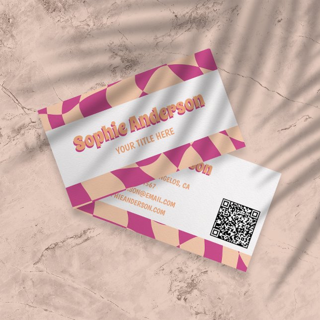 Carte De Visite Retro Pink & Peach Wavy Pattern with QR Code  (Créateur téléchargé)