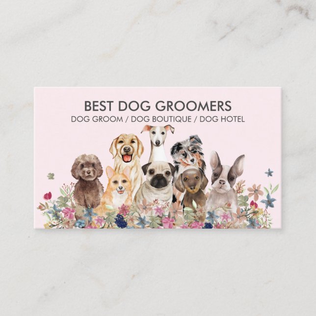Carte De Visite Retro Pink PetSitter chiens fleurs vétérinaires (Devant)