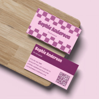 Carte De Visite Retro Pink & Purple Checkerboard with QR Code