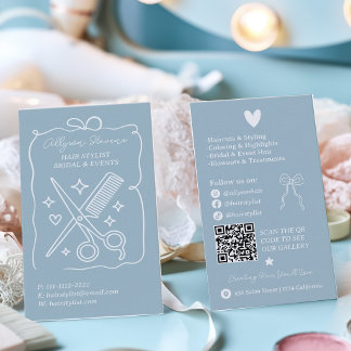 Carte De Visite Retro Powder Blue Doodles Hair Stylist QR Code