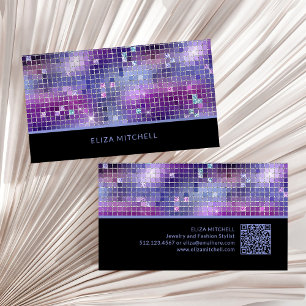 Carte De Visite Rétro Purple Rose Bleu Disco Ball Mirror   Code QR