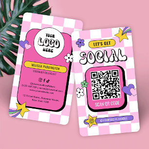 Carte De Visite Retro rose Super Logo Médias sociaux Code QR