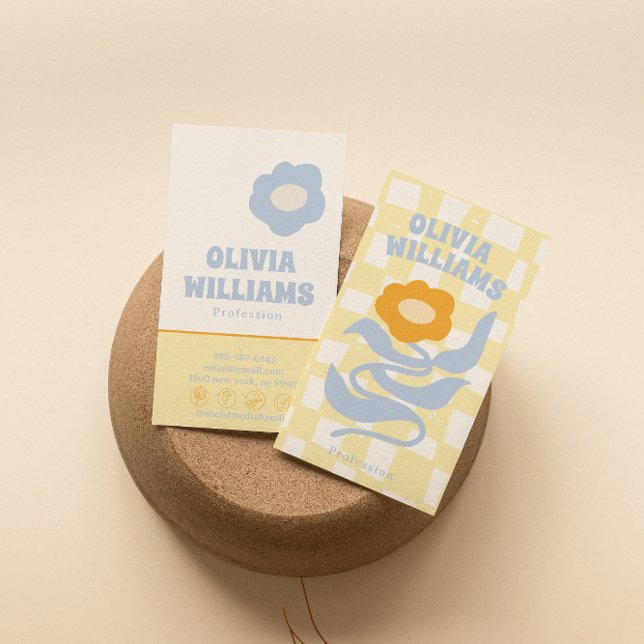 Carte De Visite Retro Soft Boho Groovy Checkered Floral Unique 70s (Créateur téléchargé)