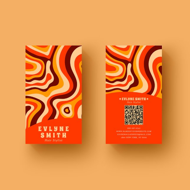 Carte De Visite Retro Super brillant Orange QR Code Bold Boho (Créateur téléchargé)