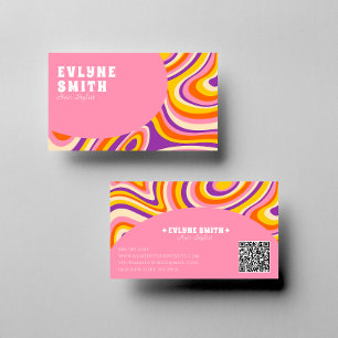 Carte De Visite Retro Super rose blanc QR Code les années 70 psych