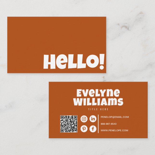 Carte De Visite Retro Terracotta Burange Orange QR Code Bonjour Mo (Devant / Derrière)