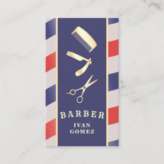 Carte De Visite Retro Vintage Gold Barber Outils Red Blue Remise