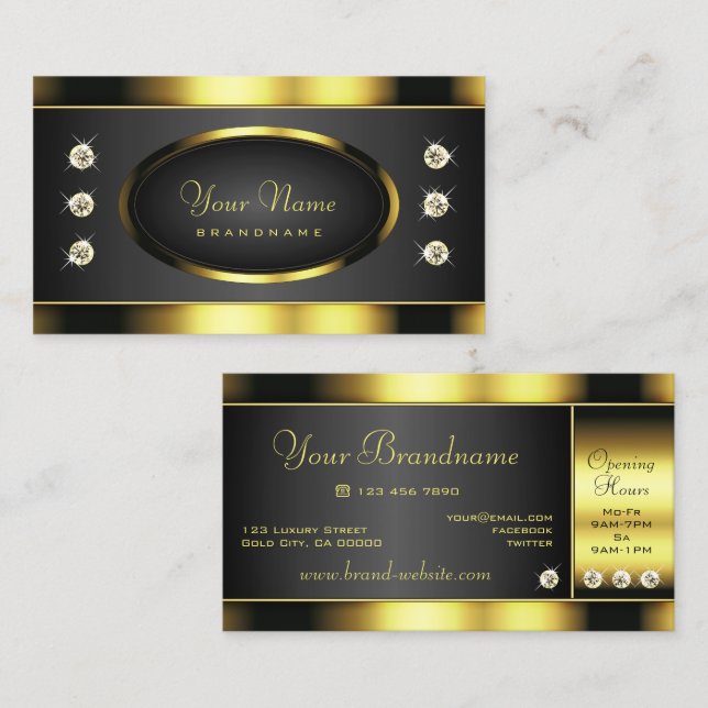 Carte De Visite Rhinestones de luxe noir et or Lumineuses Faux (Devant / Derrière)