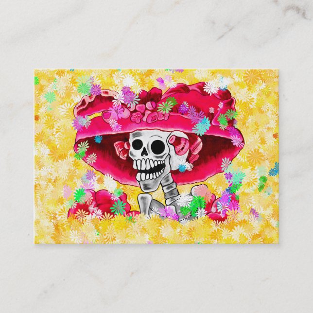 Carte De Visite Rire Skeleton Woman dans Red Bonnet (Devant)