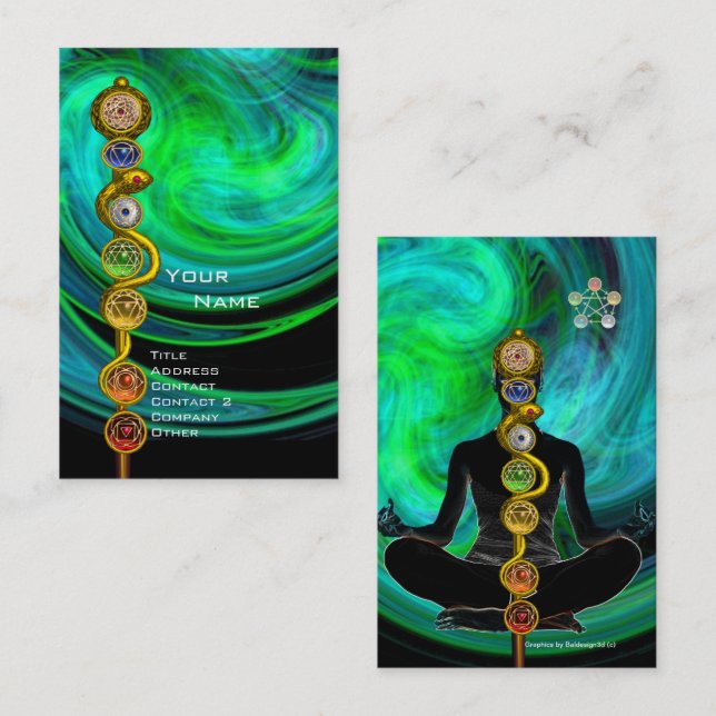 Carte De Visite ROD ASCLEPIUS,7 CHAKRAS YOGA LOTUS POSE Bleu vert (Devant / Derrière)