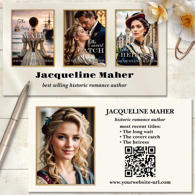Carte De Visite Romance Auteur livre couverture photo (Historic or romance author book cover photo business card with QR code template)
