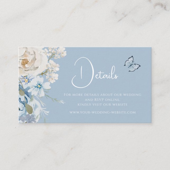 Carte De Visite Romantique Dusty Blue Floral Détails Mariage (Devant)