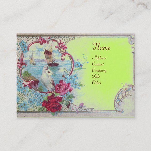 Carte De Visite ROMANTIQUE, FLORALE VERT BLEU, MONogramme DE DOUCH (Devant)