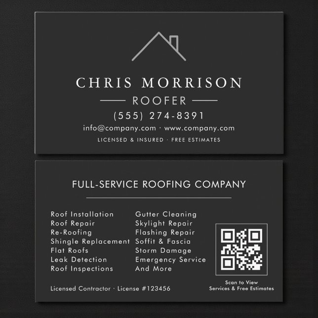 Carte De Visite Roofer Black Silver QR Code Roofing Company (Créateur téléchargé)