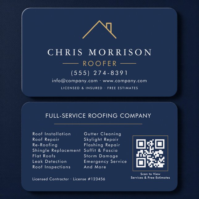 Carte De Visite Roofer Navy Blue Gold QR Code (Créateur téléchargé)