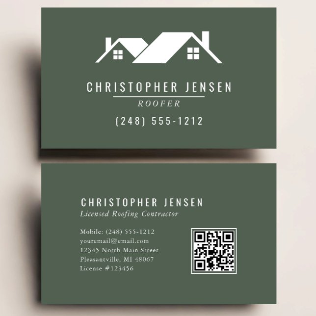 Carte De Visite Roofer QR Code Roofing Business Dark Green (Créateur téléchargé)