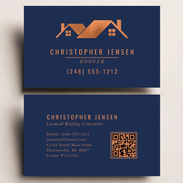 Carte De Visite Roofer QR Code Roofing Business Navy Blue Copper (Créateur téléchargé)