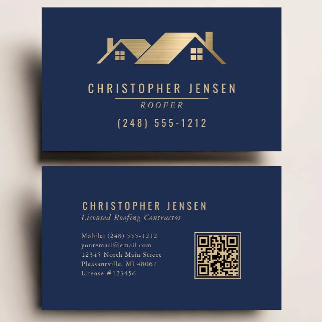Carte De Visite Roofer QR Code Roofing Business Navy Blue Gold (Créateur téléchargé)