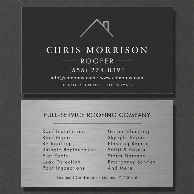 Carte De Visite  Roofer Silver Metallic Modern Roofing Company (Créateur téléchargé)