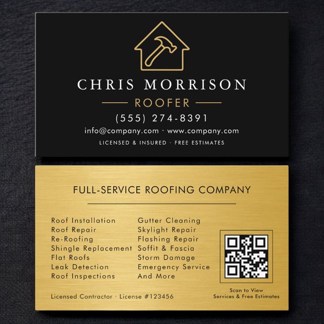 Carte De Visite Roofing Professional Black Gold QR Code (Créateur téléchargé)