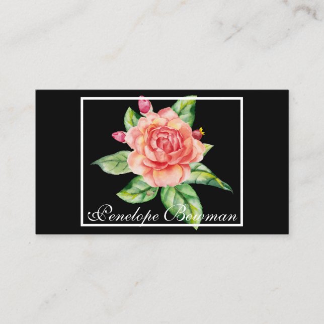 Carte De Visite Rose aquarelle dans un cadre (Devant)