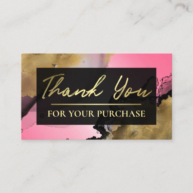Carte De Visite Rose Avec Merci D'Encre D'Or Pour Votre Achat (Devant)