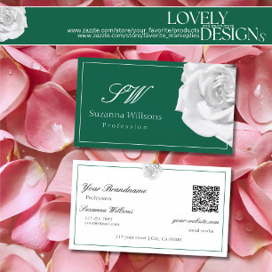 Carte De Visite Rose blanche sur vert avec initiales QR Code